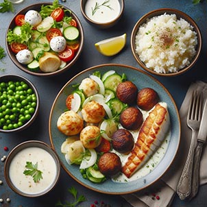 Un plato de ensalada, otro plato de albóndigas, otro plato de bacalao al horno y arroz con leche